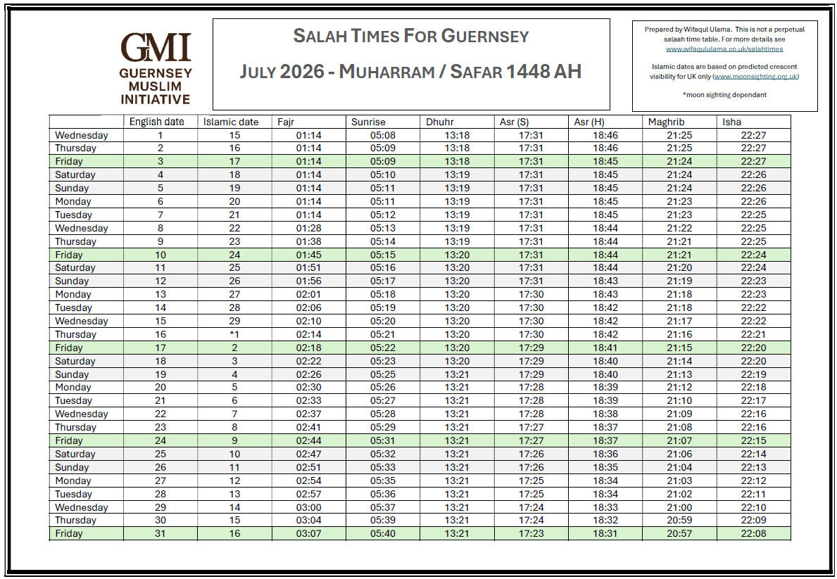 Guernsey July Salah Times 2026
